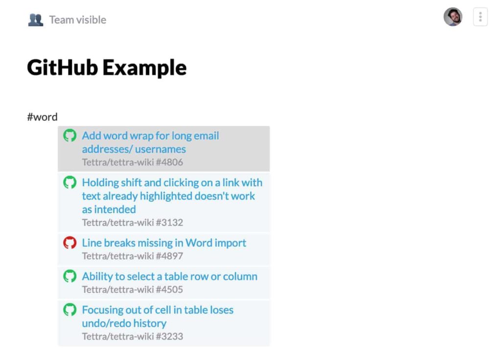 tettra github inline mention example with hover effect