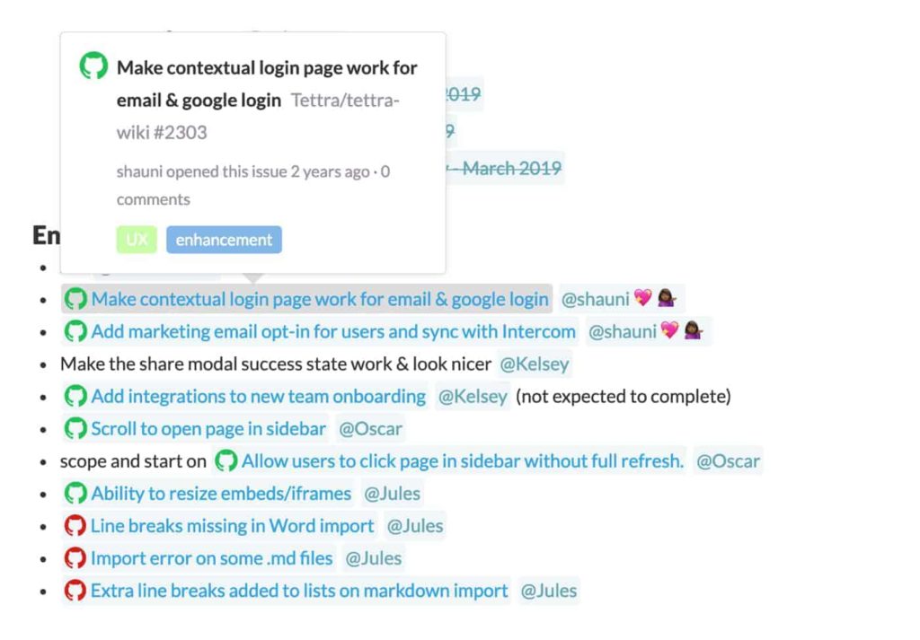 tettra github inline mention drop down in editor example