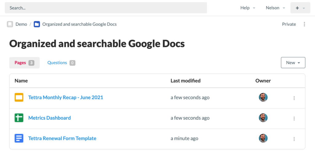 organized and searchable google docs in Tettra