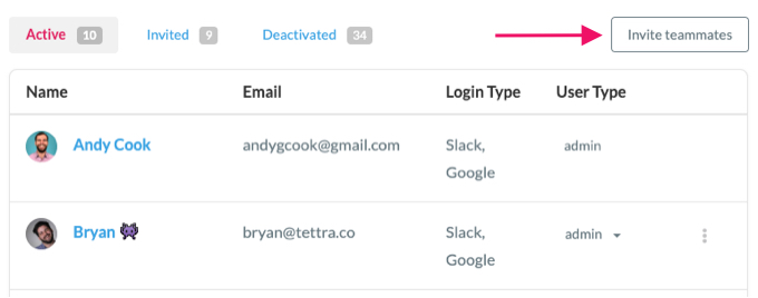 invite teammates to tettra flow