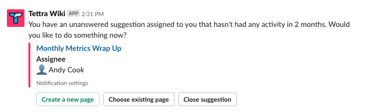 tettra suggestion reminder in slack