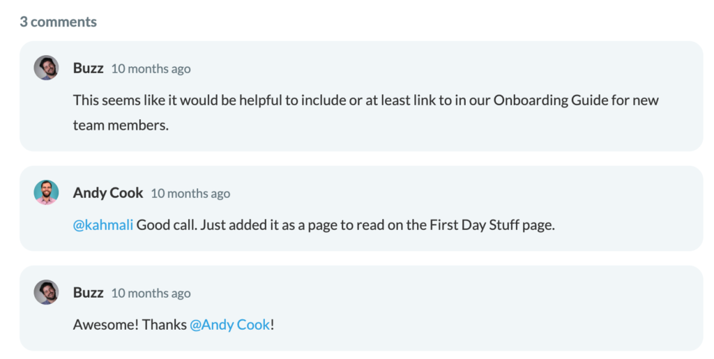 screenshot of tettra comments feature