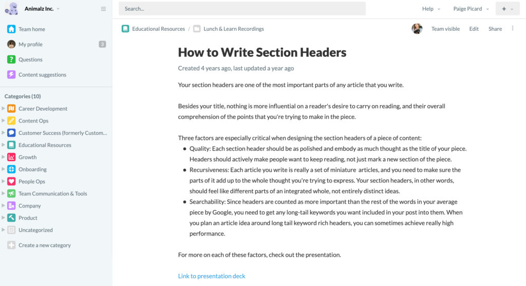 How to write section headers - Tettra page